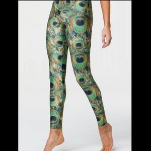 Onzie Peacock Feather Print Leggings in Green and Blue